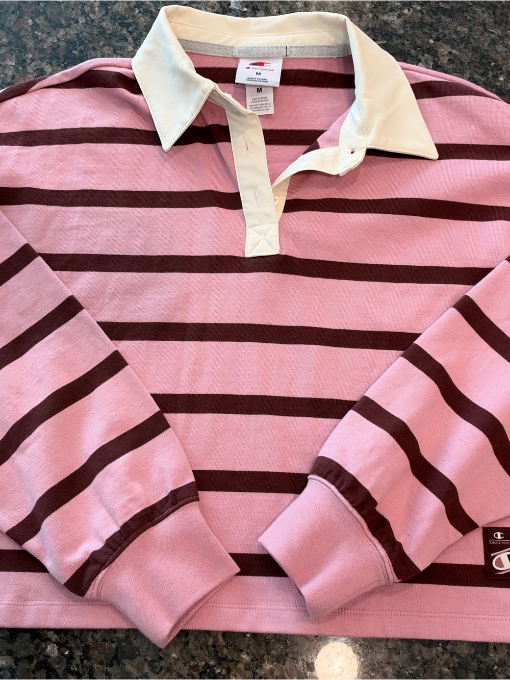 Champion Pink and Maroon Striped Rugby Shirt with Cream Collar